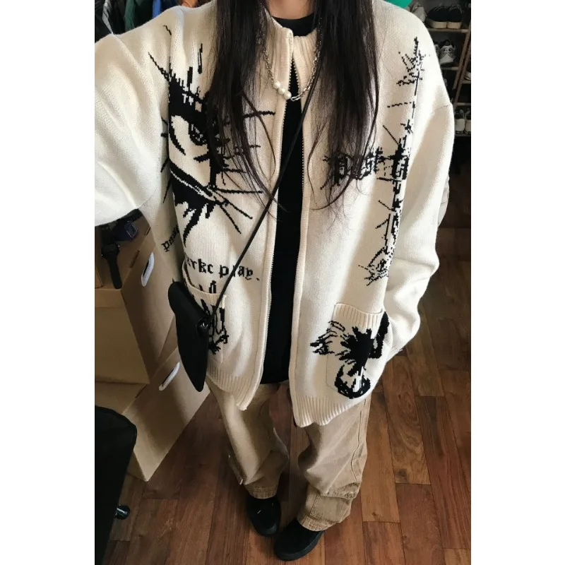 Deeptown Vintage Knit Cardigan Hiphop Zipper Sweater Women Gothic Chic Knitwear Grunge Y2k Japanese Fashion Streetwear Autumn