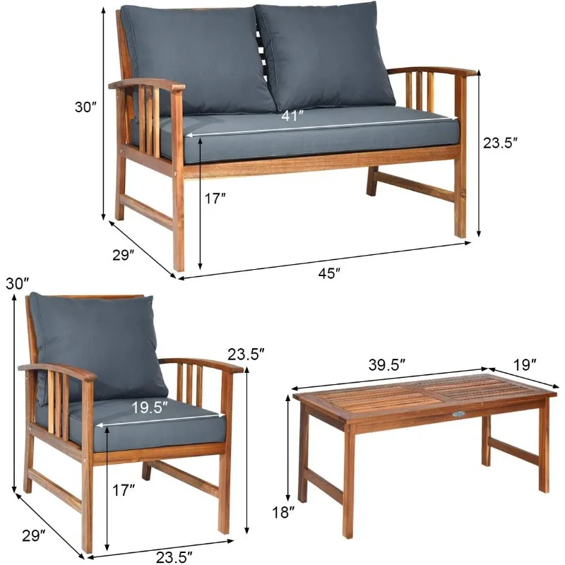 Tangkula Juego de muebles de jardín de madera de acacia, 4 piezas, asientos para exteriores, juego de chat con cojines grises y almohada trasera, juegos para exteriores