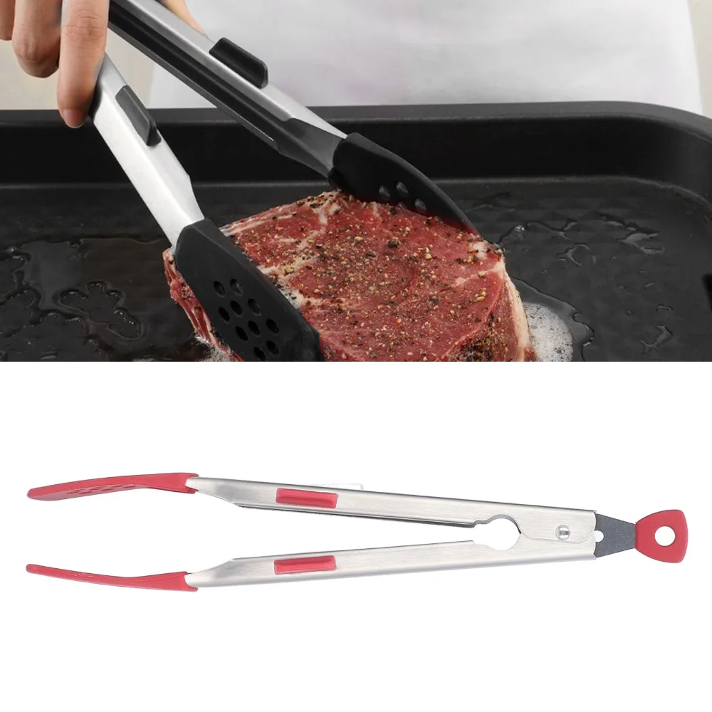 Hanging Loop Food Tongs Compact Tong Stainless Steel+Silicone Cooking Tongs Red Black Two Arms Serving Tongs BBQ Grilling