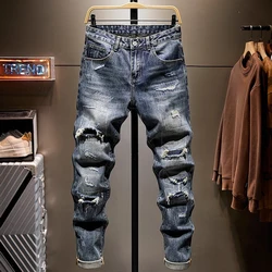 Street Style Fashion Men Jeans Retro Blue Elastic Spliced Designer Slim Fit Ripped Jeans Men Hip Hop Denim Biker Pants Hombre