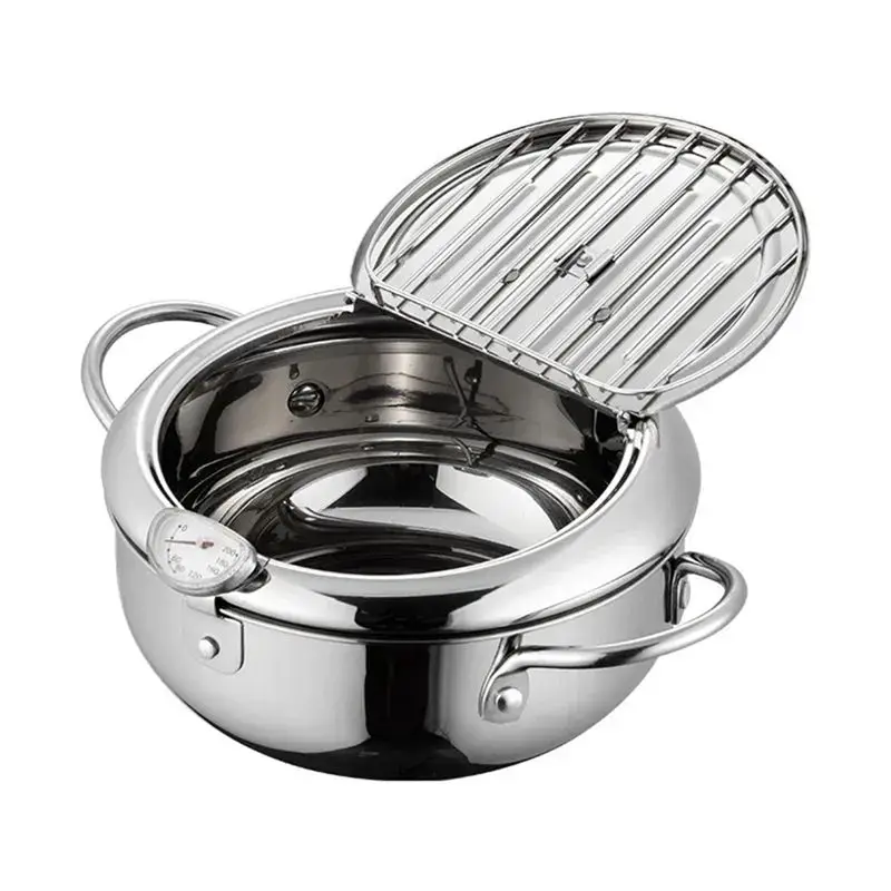 

ABJI-Japanese Tempura Fryer Pan With Thermometer And Lid, 304 Stainless Steel Deep Frying Pot For Kitchen