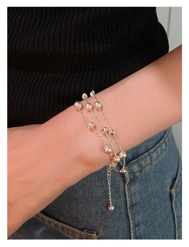 Manta Rose Lila Imitationsperlen Metall Dreischichtige Silberfarbene Armbänder für Frauen Luxus-Schmuck Stilvolles Handgelenk-Accessoire – Detail 6