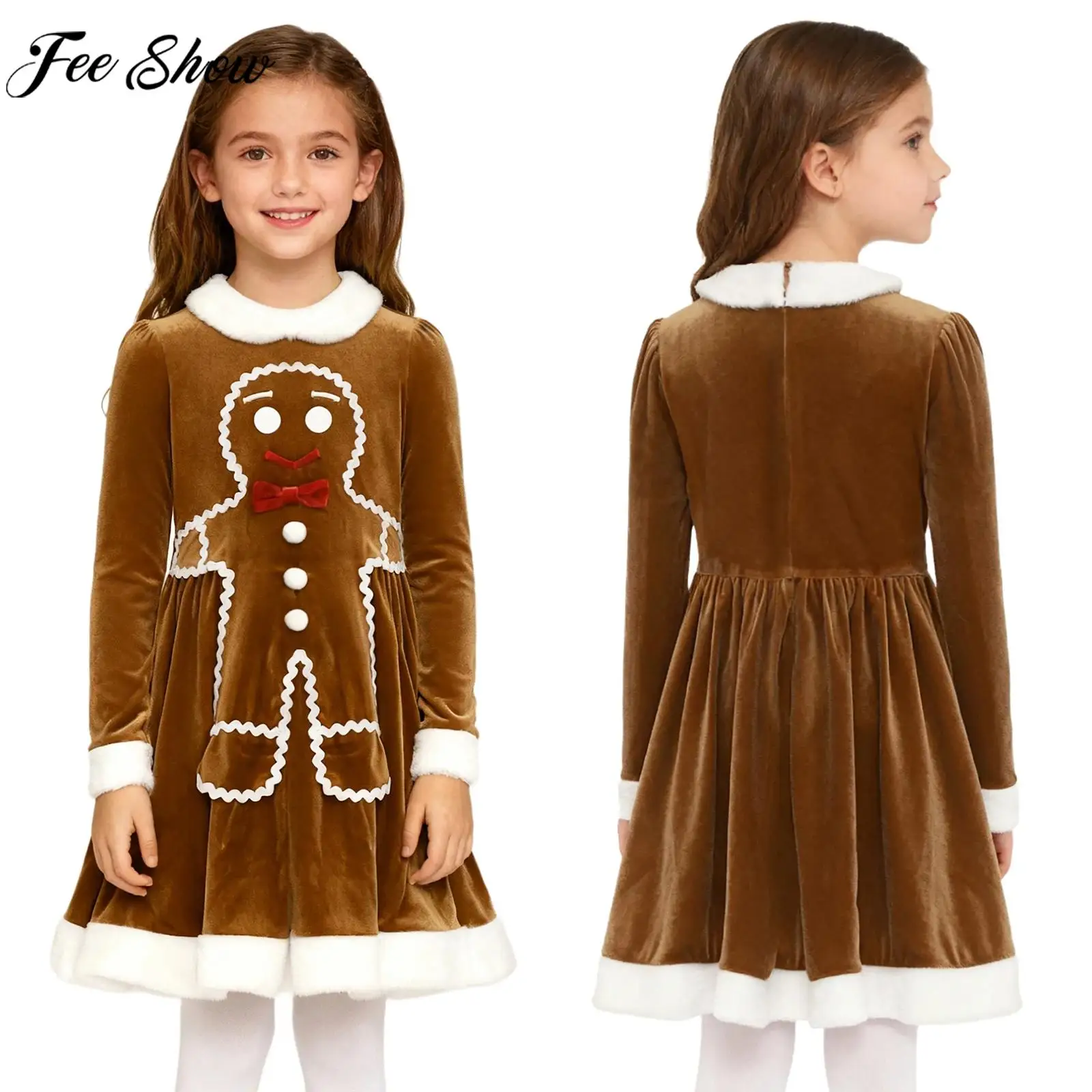 أطفال بنات عيد الميلاد الزنجبيل رجل تأثيري حلي طويلة الأكمام الزنجبيل الخبز نمط المخملية فستان عيد الميلاد السنة الجديدة ملابس للحفلات