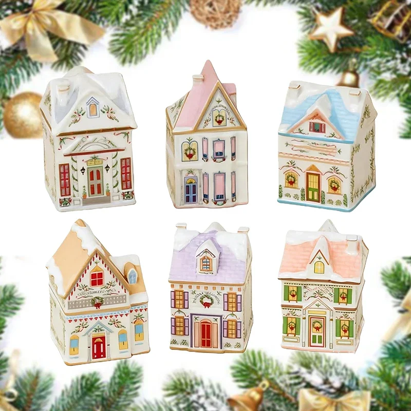 Juego de casa de especias Holiday Village, mini tarros de casas de jengibre navideñas, vela navideña para encimera de cocina de decoración festiva