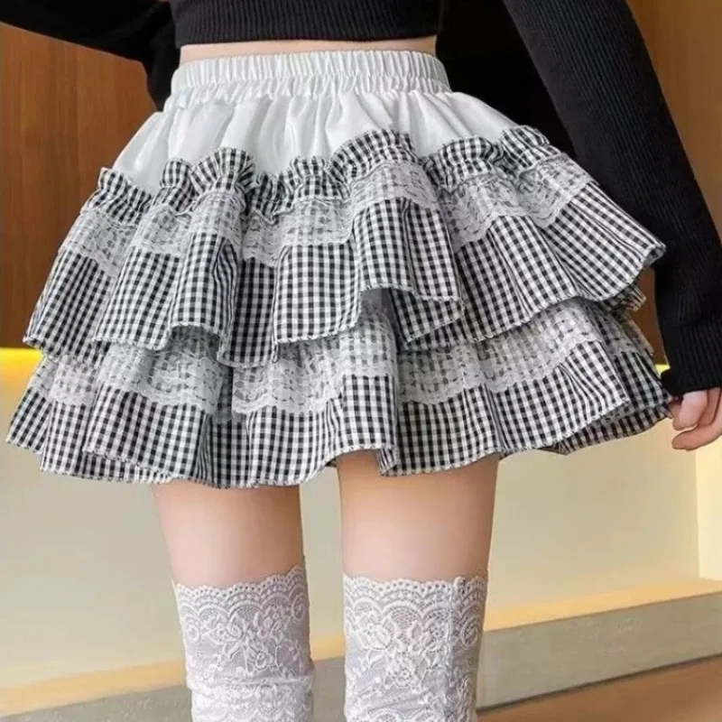 Sommer Mini Rock Frauen Kleidung Süße Jupe Patchwork Spitze A-linie Saia 2025, Faldas Mujer De Moda Hohe Taille Plaid Nette röcke