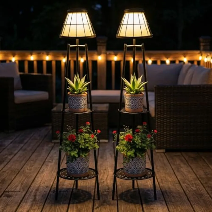 2 Pack Solar Lights with Plant Stands, 45.4'' Waterproof Outdoor Metal Solar Floor Lamps for Patio Deck Yard Pathway Porch Gard