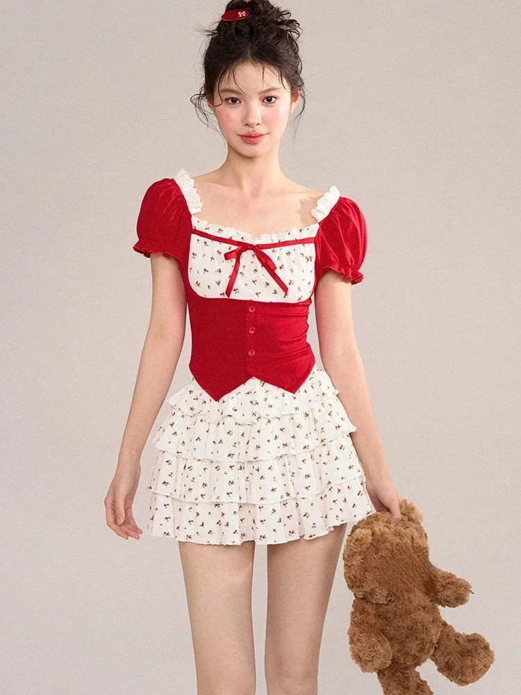 2024 Summer New Japanese Style Sweet 2 Piece Set Women Bow Red Casual Blouse + High Waist Cute Floral Y2k Mini Skirt Design