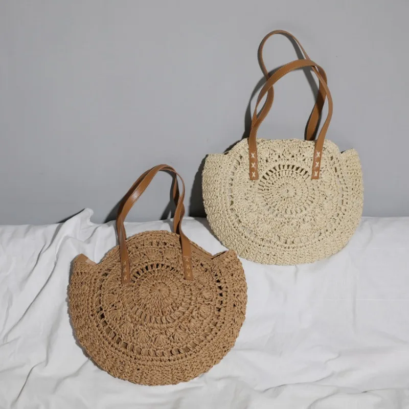 Round Straw Beach Bag Vintage Handmade Woven Shoulder Bag Raffia circle Rattan bags Bohemian Summer Vacation Casual Bags