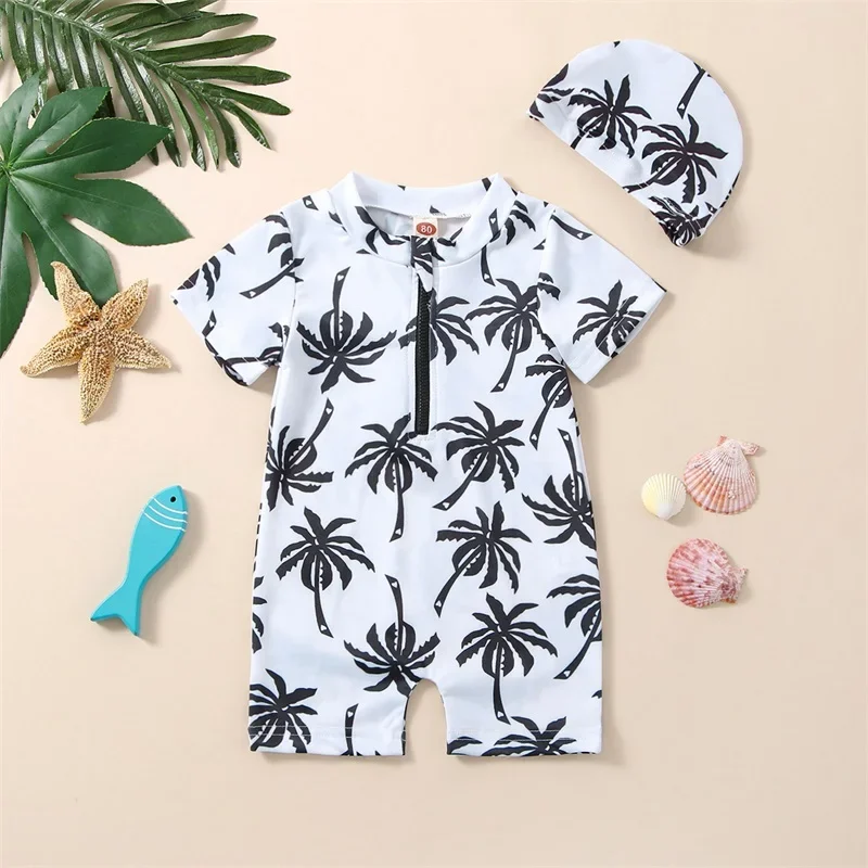 Newborn Baby Infant Boys Swimsuit with Hat Cartoon Coconut Tree Print Short Sleeve Round Neck Half Zipper Jumpsuit Bathing Suit