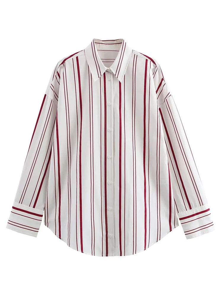 Mode printemps femmes chemises nouveau col rabattu rayé simple boutonnage simplicité loisirs ample à manches longues hauts