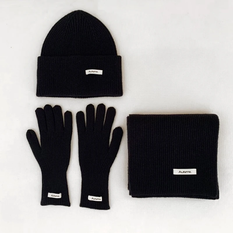 3pcs Set Solid Color Knitted Faux Cashmere Winter Warm Scarf Hat Gloves Soft Cozy Cold Weather Accessories One Size Fits Most