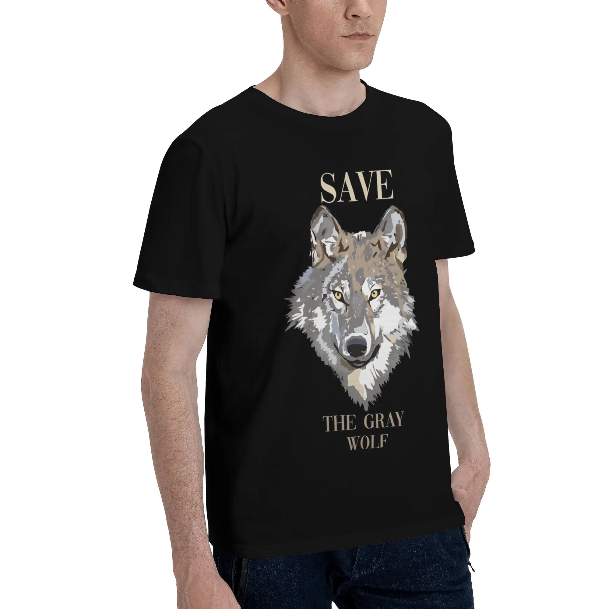 Save The Gray wolf Men's T Shirt Protection Animal  Unique Tees Short Sleeve Round Neck Cotton Original Tops T-Shirt