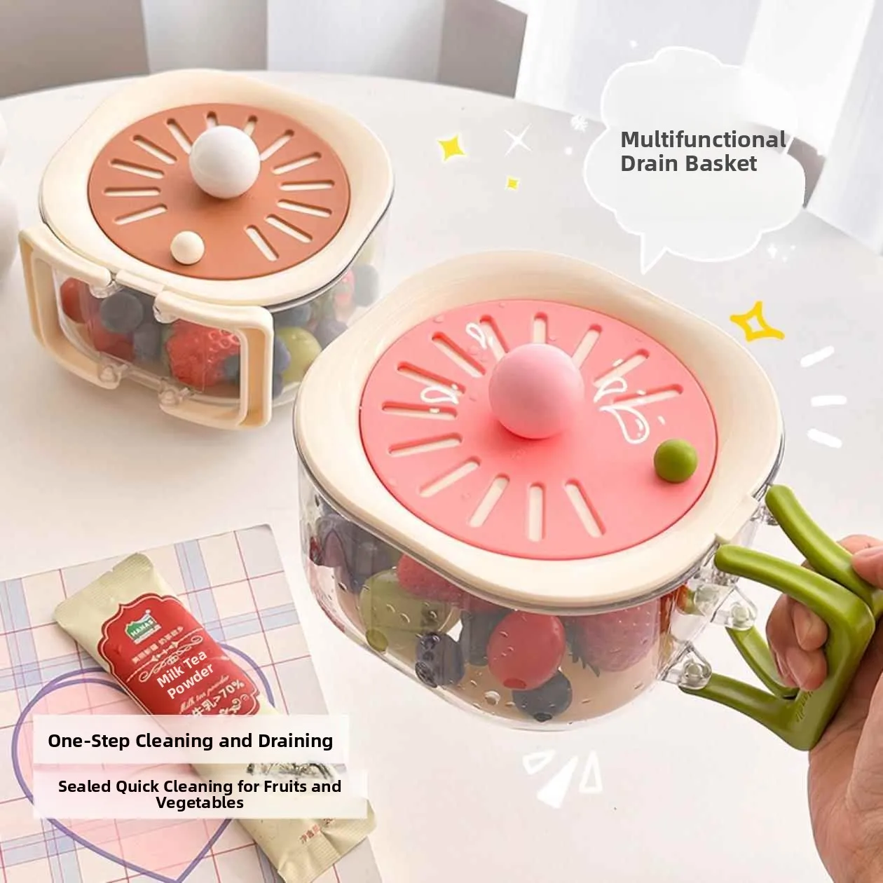 

2026 New Multi-Functional Vegetable Fruit Draining Basket Kitchen Preservation Bowl with Cover Staed Handle Home Use