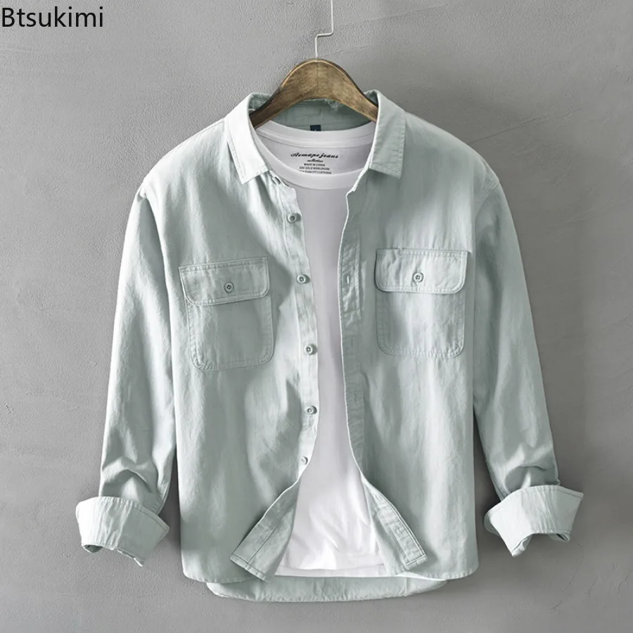 2025 New Style Men's Vintage Shirts Long Sleeve Two Pocket Design 100% Cotton Casual Shirt Coats Spring Simple Lapel Shirts Male