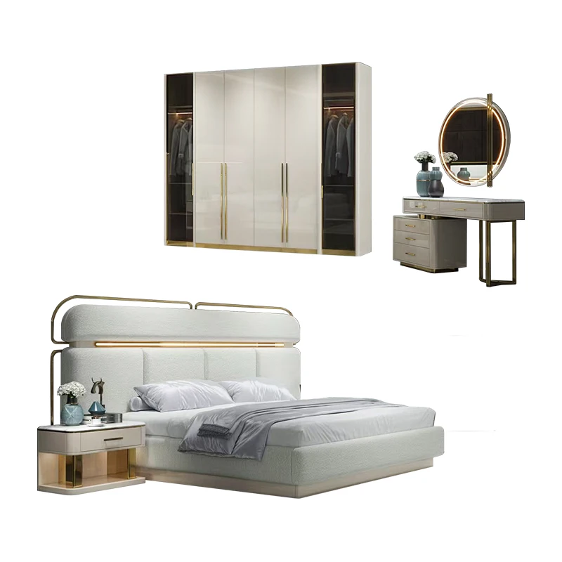 &Popular Modern king Size Bedroom Sets Double Upholstered Bed Home Master Room Wooden Frame Luxury Complete Bedroom Furniture Se
