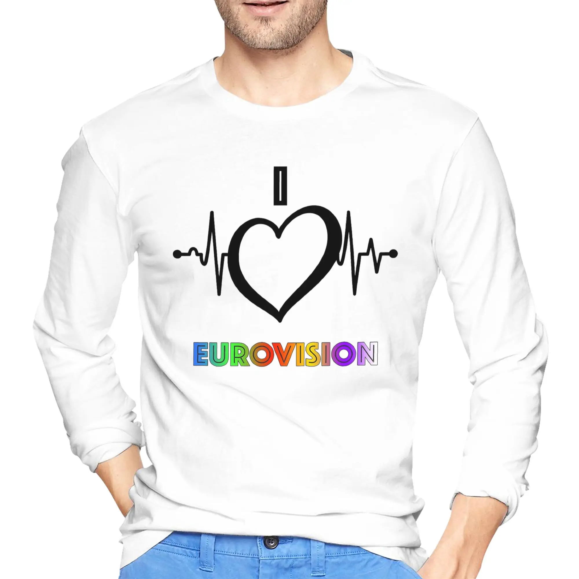

I love Eurovision - rainbow pattern Men's Long Sleeved T-shirt Fashion Round Neck T shirts Spring and Autumn Men tops