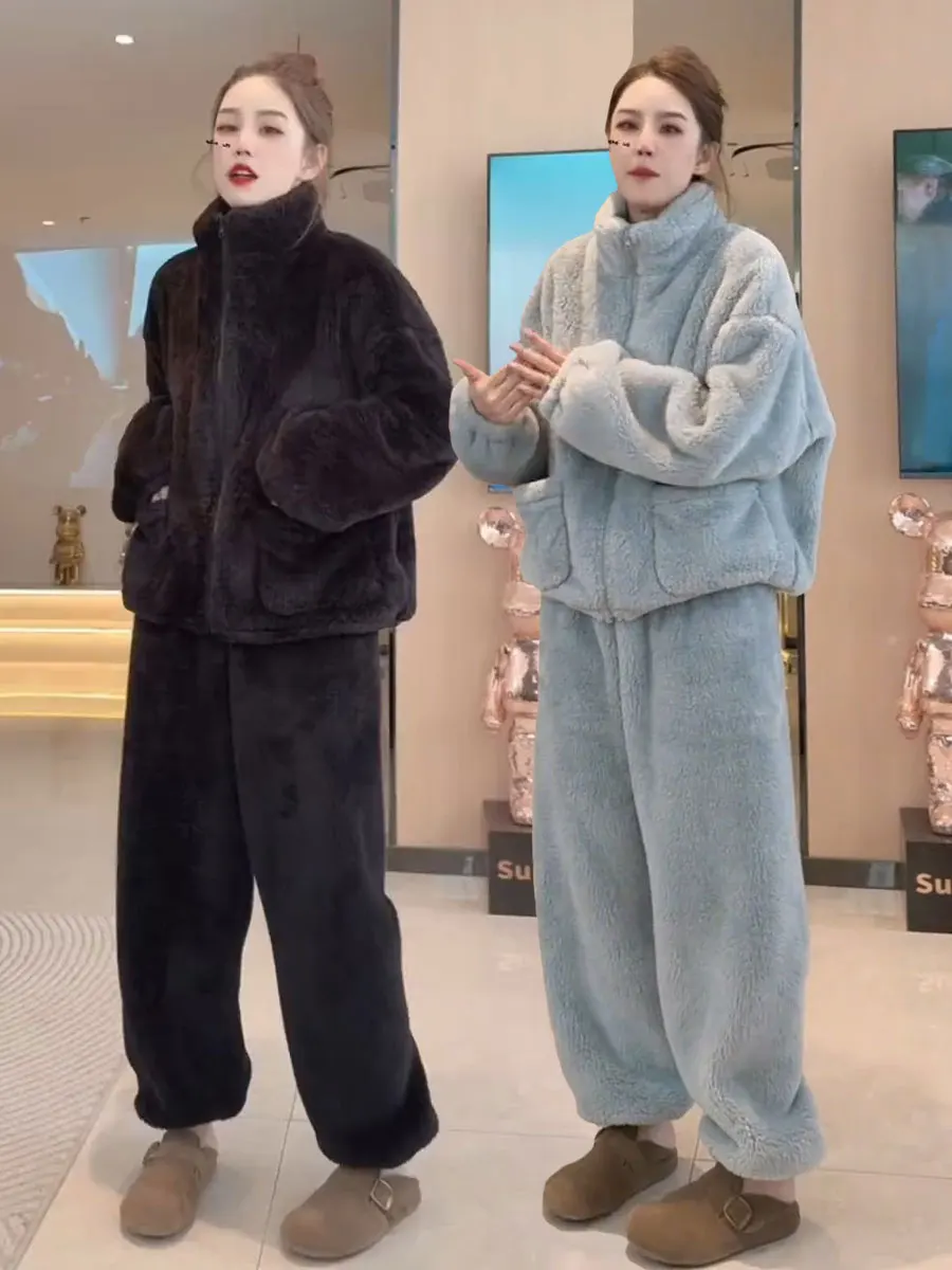 

Lush Thickened Double-Sided Fleece Pajamas Women's Winter Home Clothes Stand Collar Sleepwear Two-Piece Set Outerwear