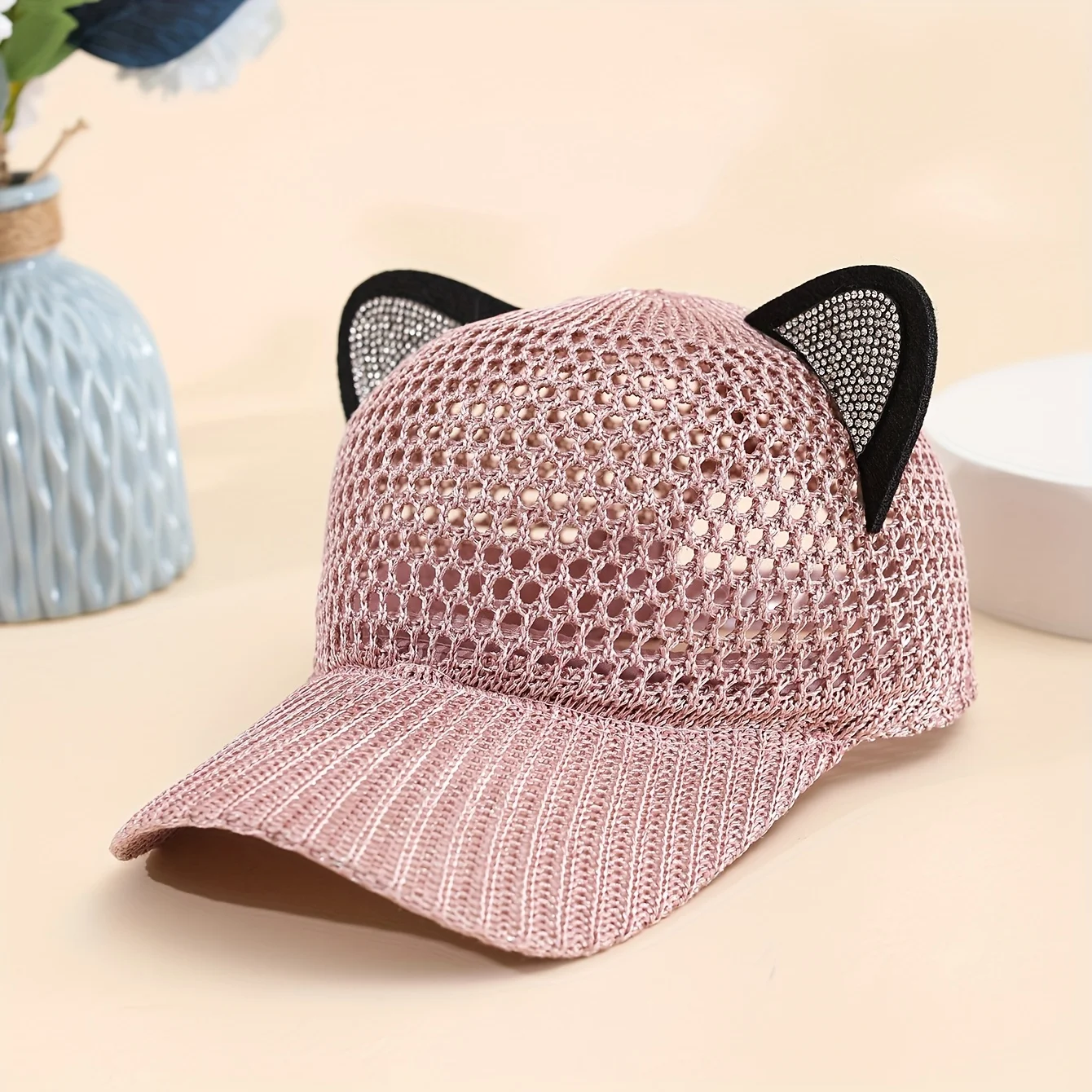 Mesh-Accent Cat-Ear Baseball Cap — Cute & Trendy Women's Summer Hat featuring a Lightweight, Breathable, and Openwork Design