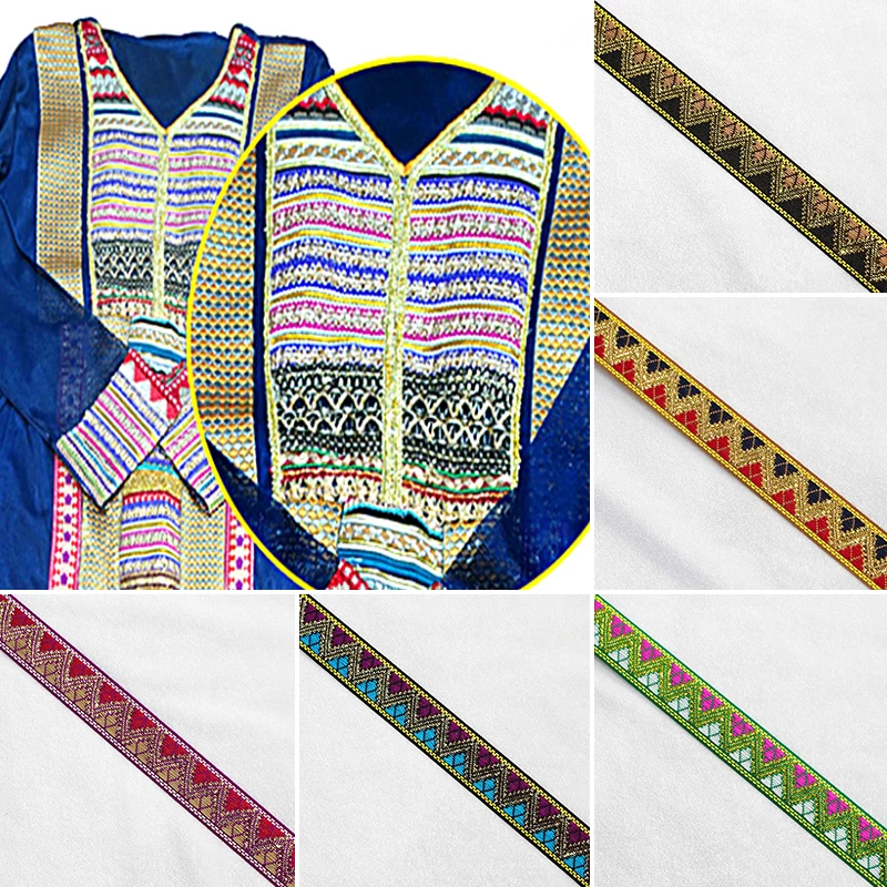 1 Yard Vintage Ethnic Embroidery Ribbon Boho Lace Trim Gold Wire Jacquard Ribbon Diy Clothes Bag Accessories Embroidered Fabric