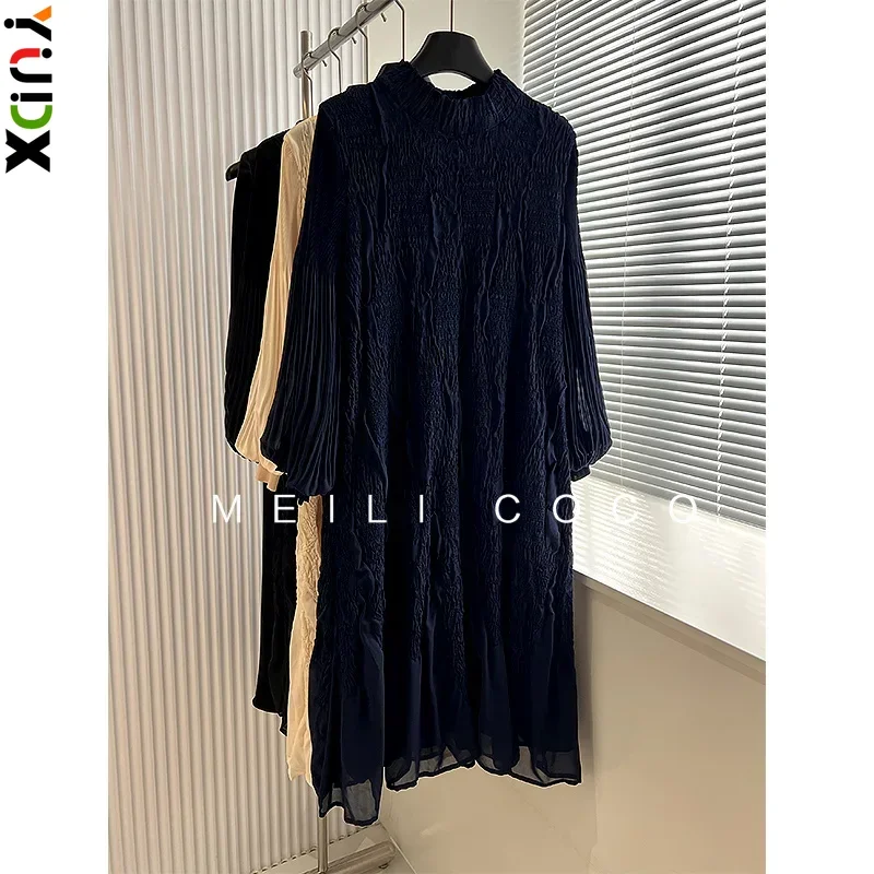 

YUDX 2024 Autumn New Pleated Slim Solid Color Women's Dresses Fashion Design Long Sleeve Standing Collar Long Dresses