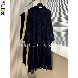 YUDX 2024 Autumn New Pleated Slim Solid Color Women's Dresses Fashion Design Long Sleeve Standing Collar Long Dresses