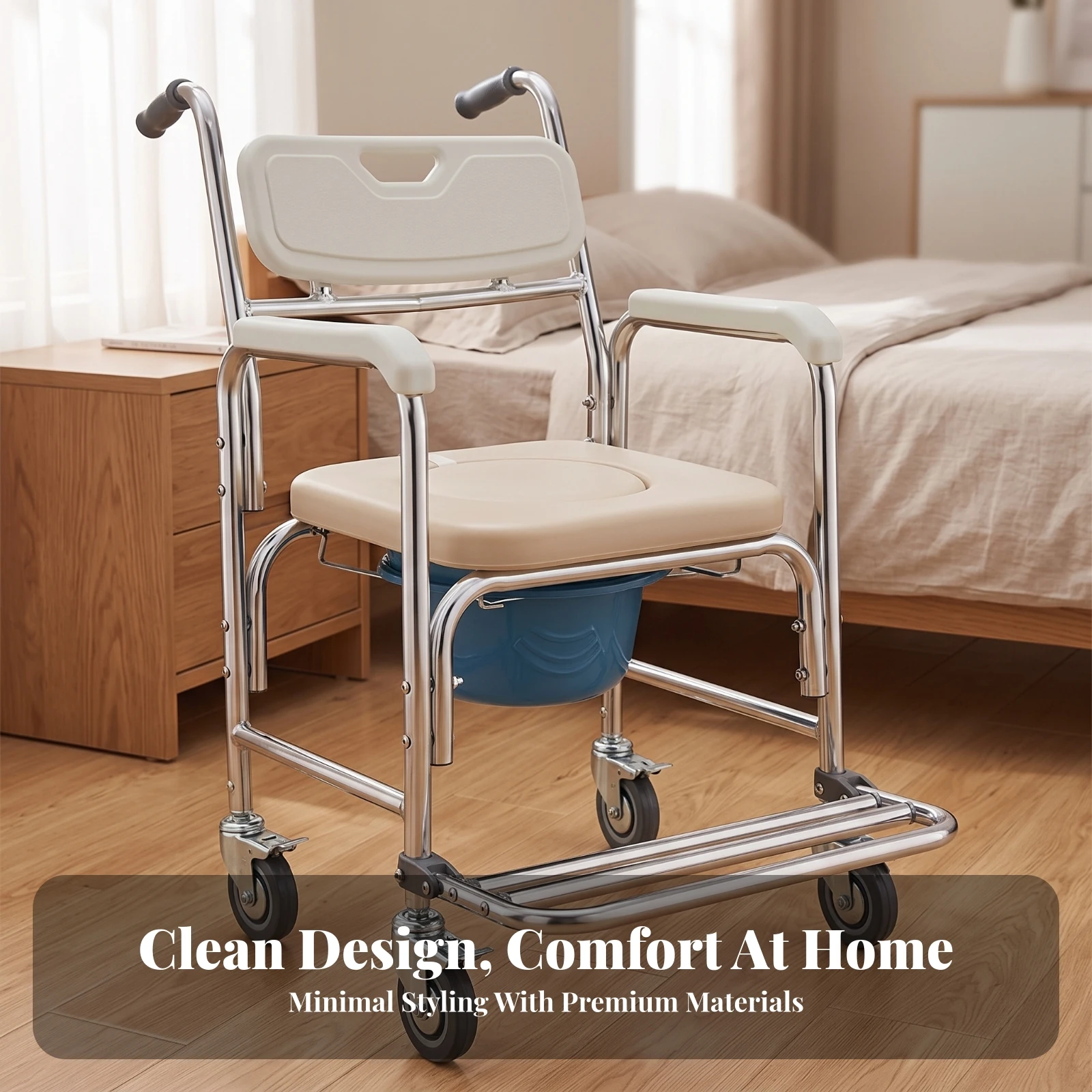Commode Chair with Wheels Corrosion-Resistant Wheeled Transfer Chair with Toilet Seat Bath Commode with Wheels Portable Padded