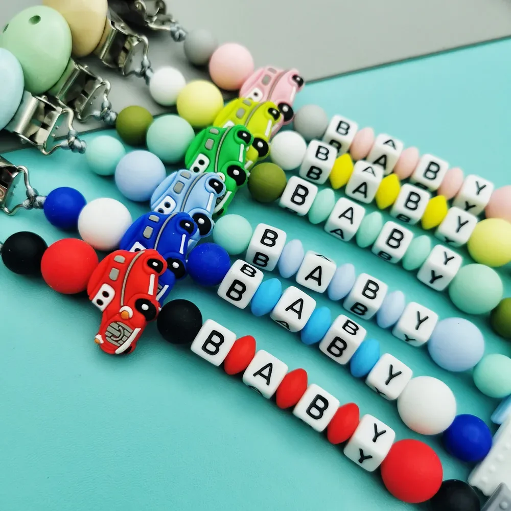 Custom English Russian Letter Name Silicone classic cars Pacifier Clip Chain Teether Pendant for Baby Pacifier Kawaii Teether