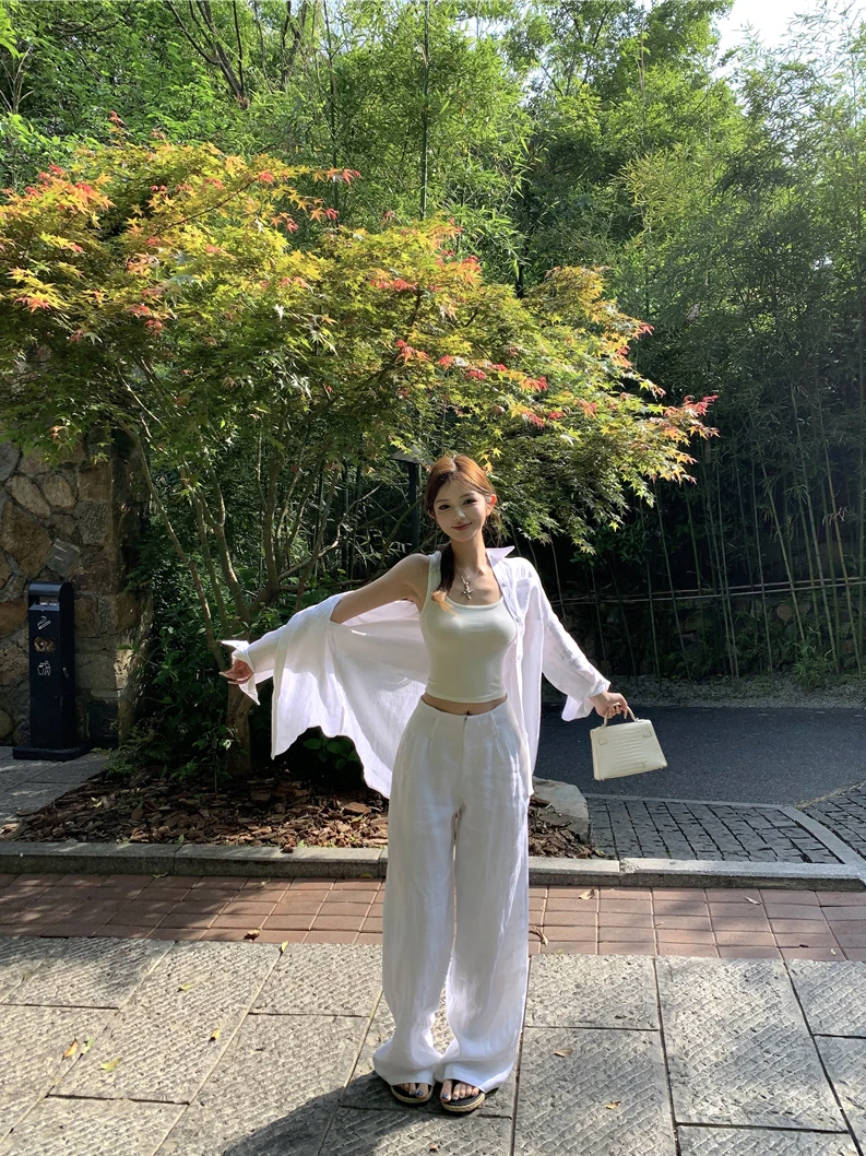 

Ladies Casual Long Sleeve Shirt Vest High Waist Loose Pants Three Piece Set Summer Fashion Outfit Women's Loose Fit Shirt Set