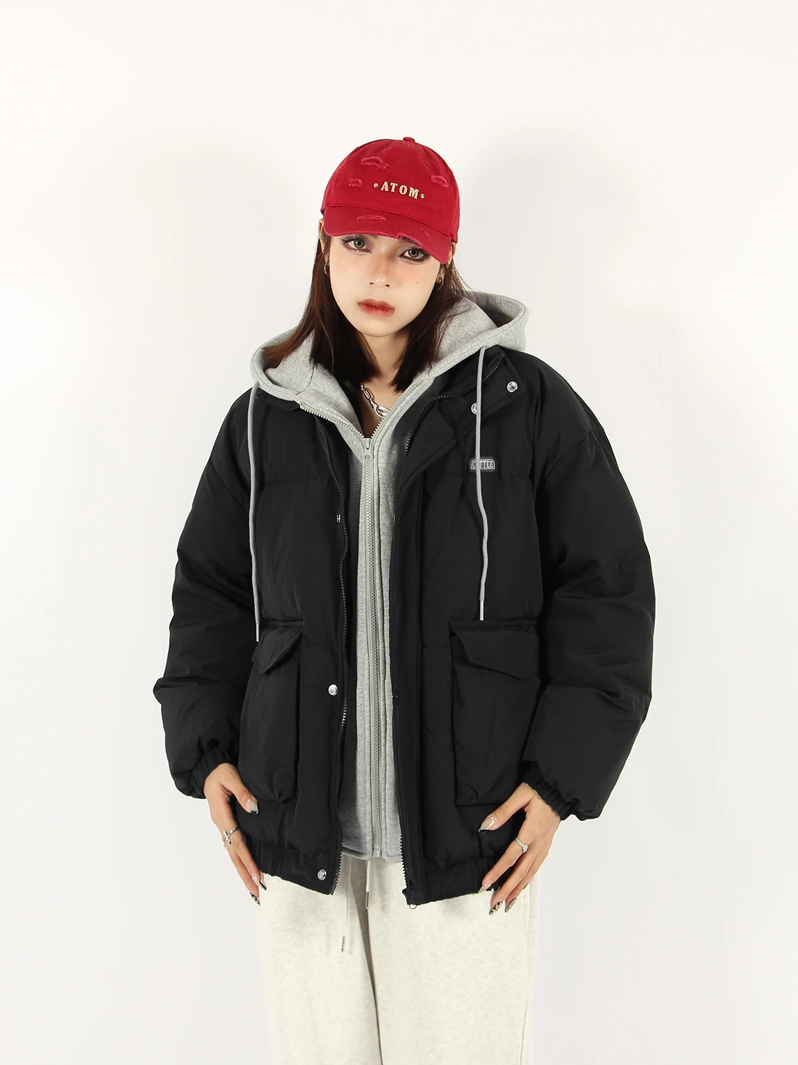 

American Retro Spliced Thiened Cotton Jaet Women's Winter Outerwear Hooded Zipper Closure Loose Fit Street Sle Coat