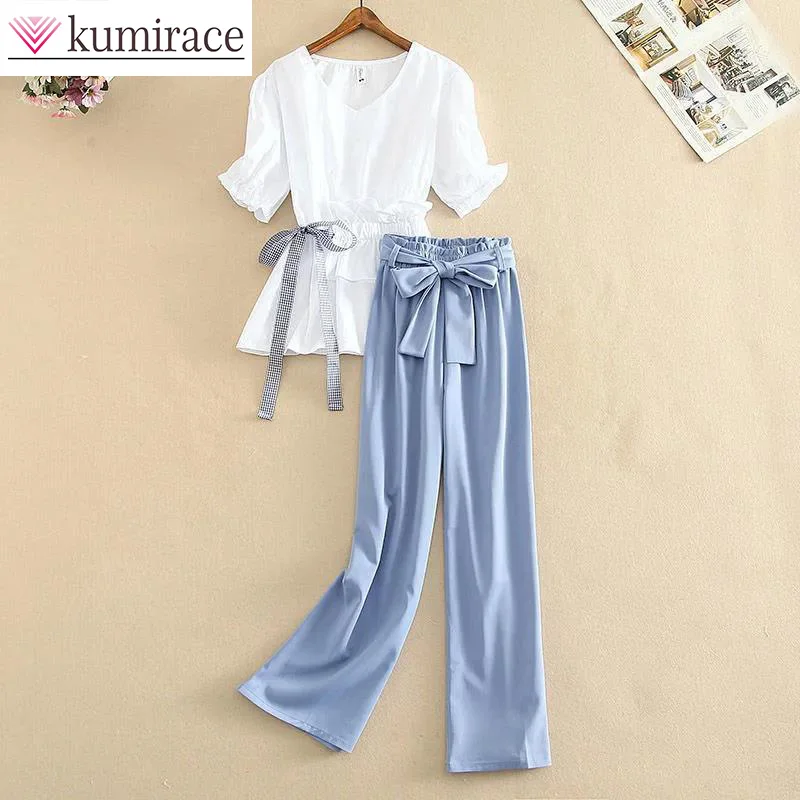 

Large Size Set Women's 2023 Summer Loose Fitting Short Sleeved Short Sleeved Top Bow Tie Wide Leg Pants Two-piece Women's Pants