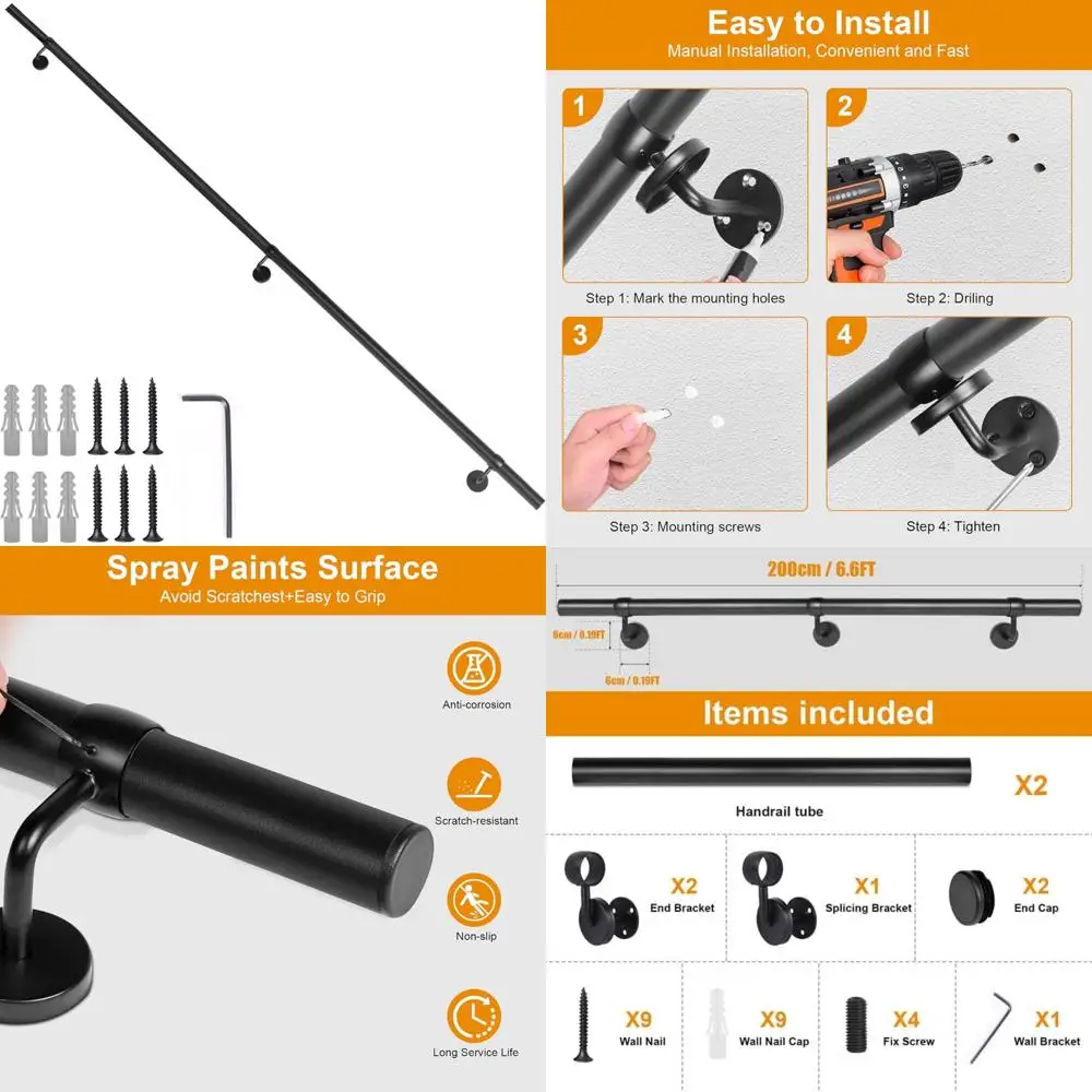 مجموعة درابزين الدرج المعدني الصناعي - درابزين ألومنيوم قوي لخطوات الخشب أو الخرسانة الداخلية والخارجية