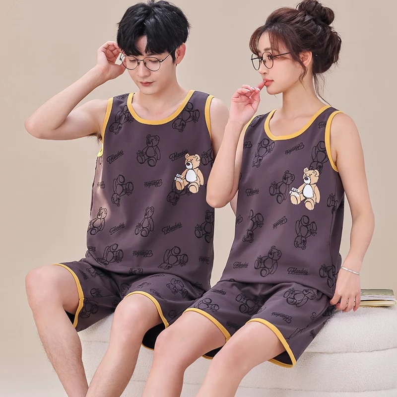 Newest Vest Pajamas Set Couple Sleeveless Round Neck Sleepwear Loose M-4XL Pyjamas Male and Female Home Clothing