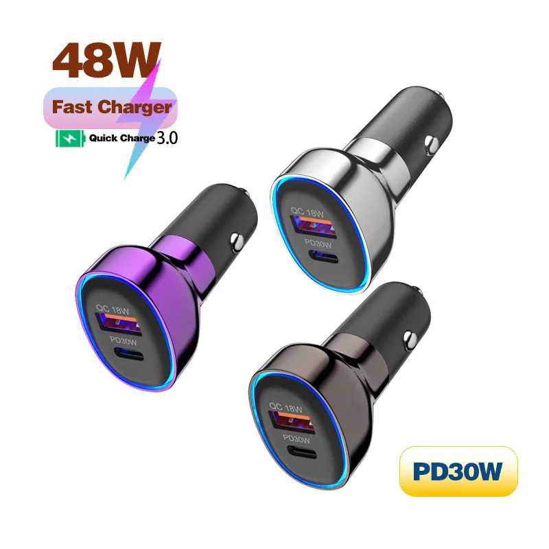 Cargador para Encendedor de Cigarrillos de Coche con Luz Ambiental, 48W PD30W/QC3.0/AFC/SCP/FCP, Carga Súper Rápida, Puertos Dobles