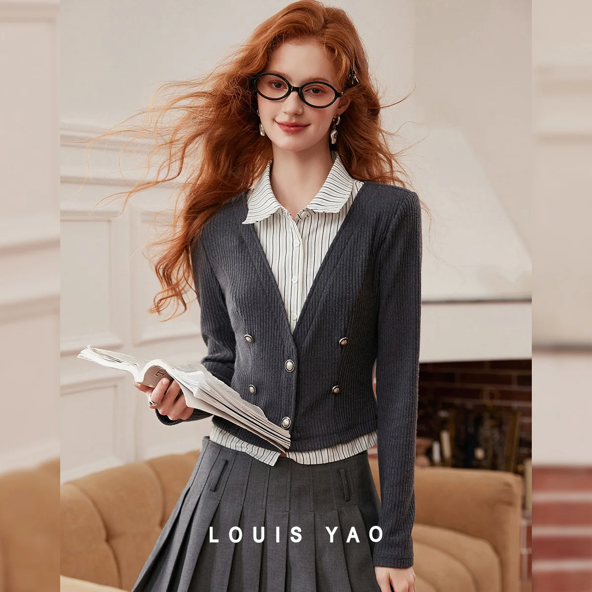 

Two-Piece Striped Shirt 2025 Autumn Retro Design Turn-Down Collar Cardigan Blouses Contrasting Colour Patchwork Women's Shirt