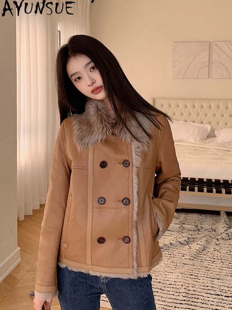 AYUNSUE 2025 New Shearling Jacket Woman 100% Natural Wool Jackets for Woman Clothes Short Fahsion Fur Jacket Ropa Para Mujer