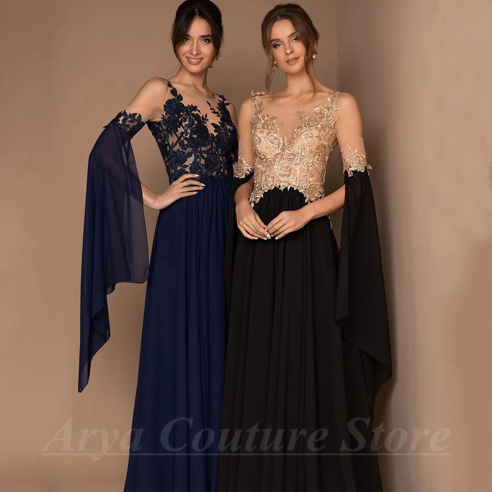 Charming Flare Sleeves Chiffon Evening Dress Scoop Neck A-Line Floor Length Delicate Tulle Applique Sexy Backless Gowns Robe