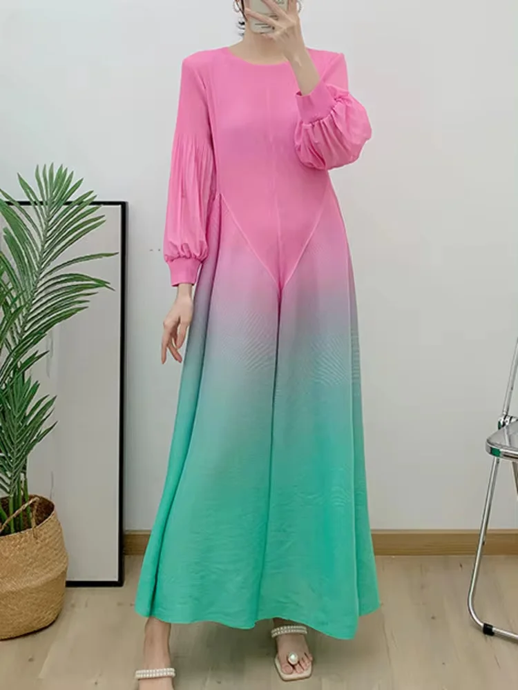 ANLAN Lantern Sleeves Gradient Pleated Dress For Women 2024 Autumn New Long Sleeve Loose Elegant Evening Dresses Female 17G2742