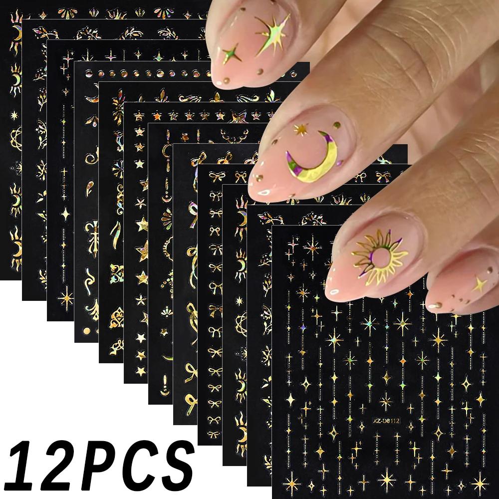 12 Stuks 3D Laser Gouden Ster Maan Strik Nail Art Stickers Bohemen Zon Bladeren Zelfklevende Nagels Slider Luxe manicure Decals - afbeelding 2