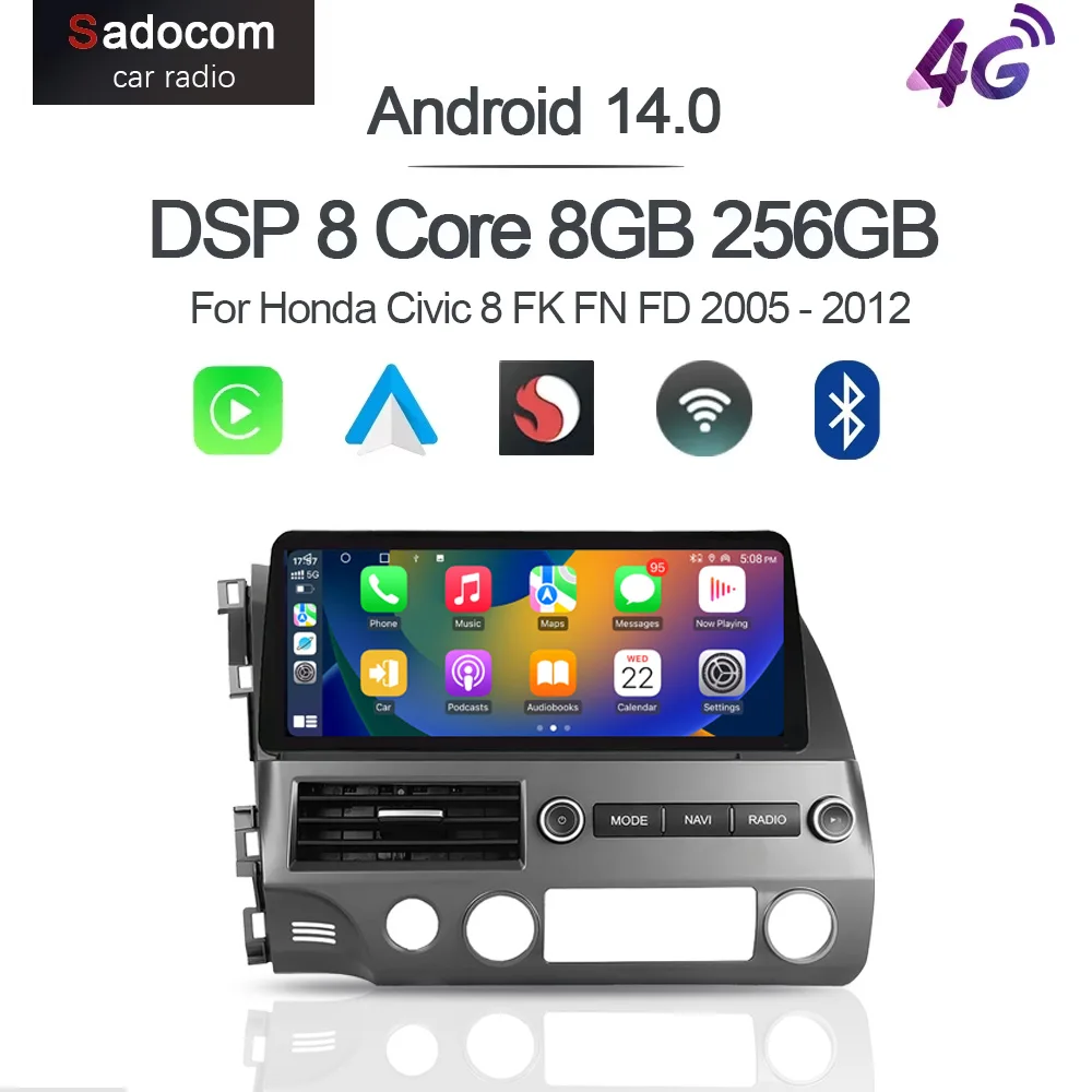 

12.3" QLED 720P 360 8G+256G Carplay Android 14.0 Car Player GPS DSP WIFI Stereo autoradio For Honda Civic 8 FK FN FD 2005 - 2012