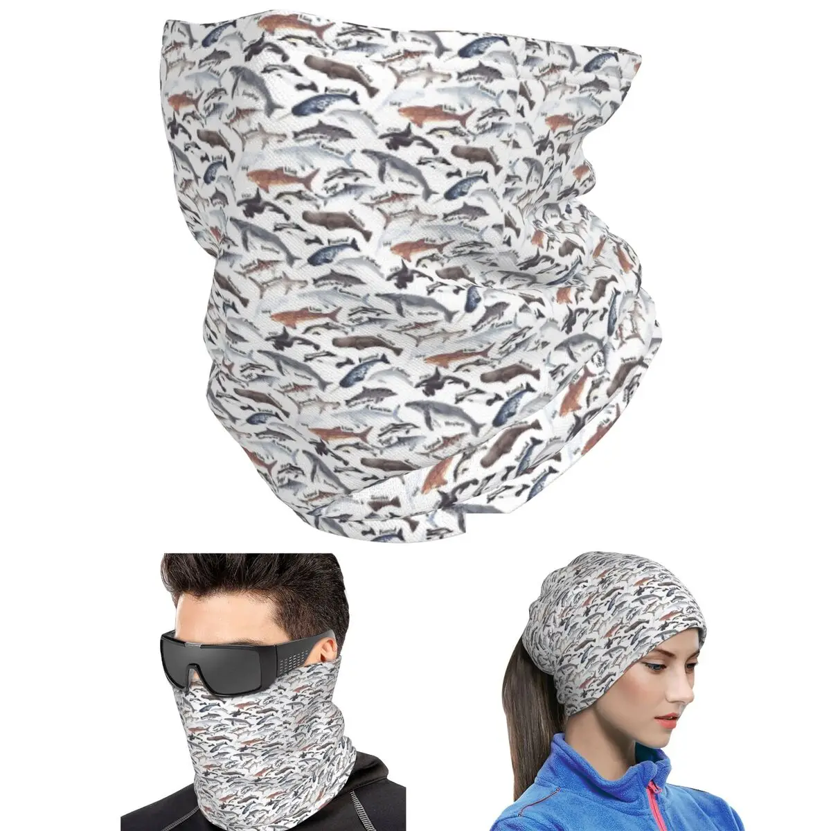 Types Of Whales, Sharks And Dolphins Watercolour Bandana Neck Gaiter Mask Scarf Running Face Mask Unisex Adult Breathable