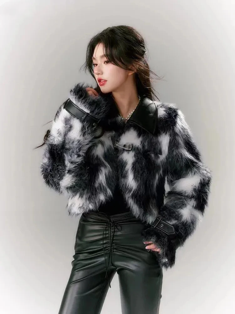 Fashion Tie Dye Faux Lamb Coat Women Y2K Streetwear All Match Hairy Crop Outerwear Fall Winter Pu Leather Patchwork Fur Jacket