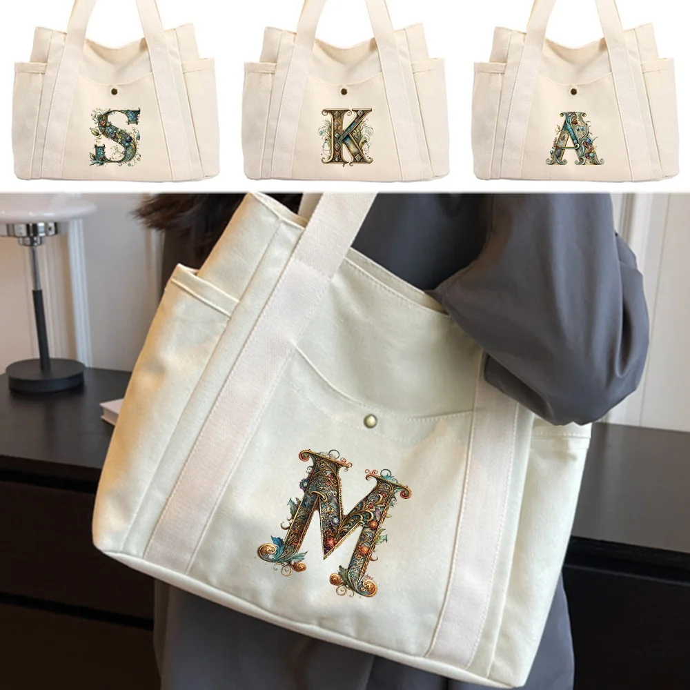 

New Women's Canvas Shoulder Bag Fashion Handheld Shopping Bag Simple Fashion Personalized Letter Printing Series