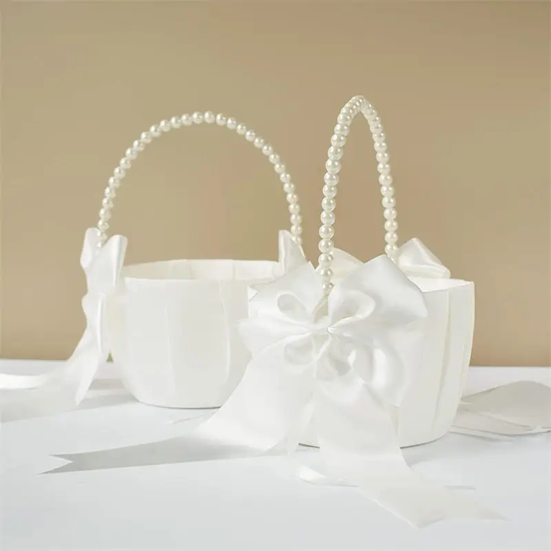 Wedding Flower Basket White Satin Pearl Bowknot Wedding Scattering Flower Basket Foldable Flower Women Pearl Handle Baskets image 4