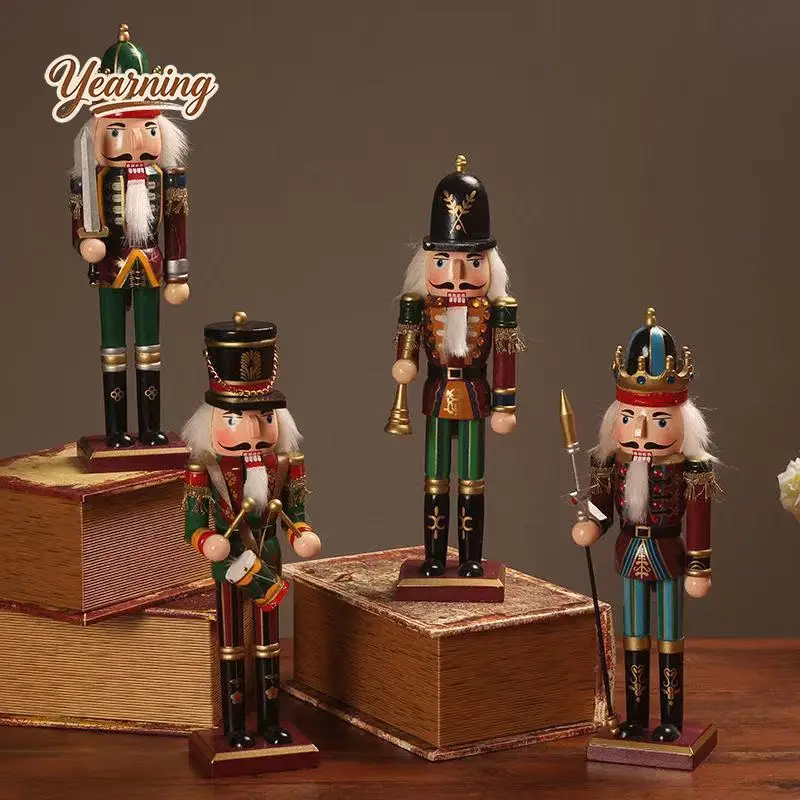 30CM Wooden Nutcracker Soldier Solid Wood Desktop Home Decor Coffee Shop European Advanced Figurine