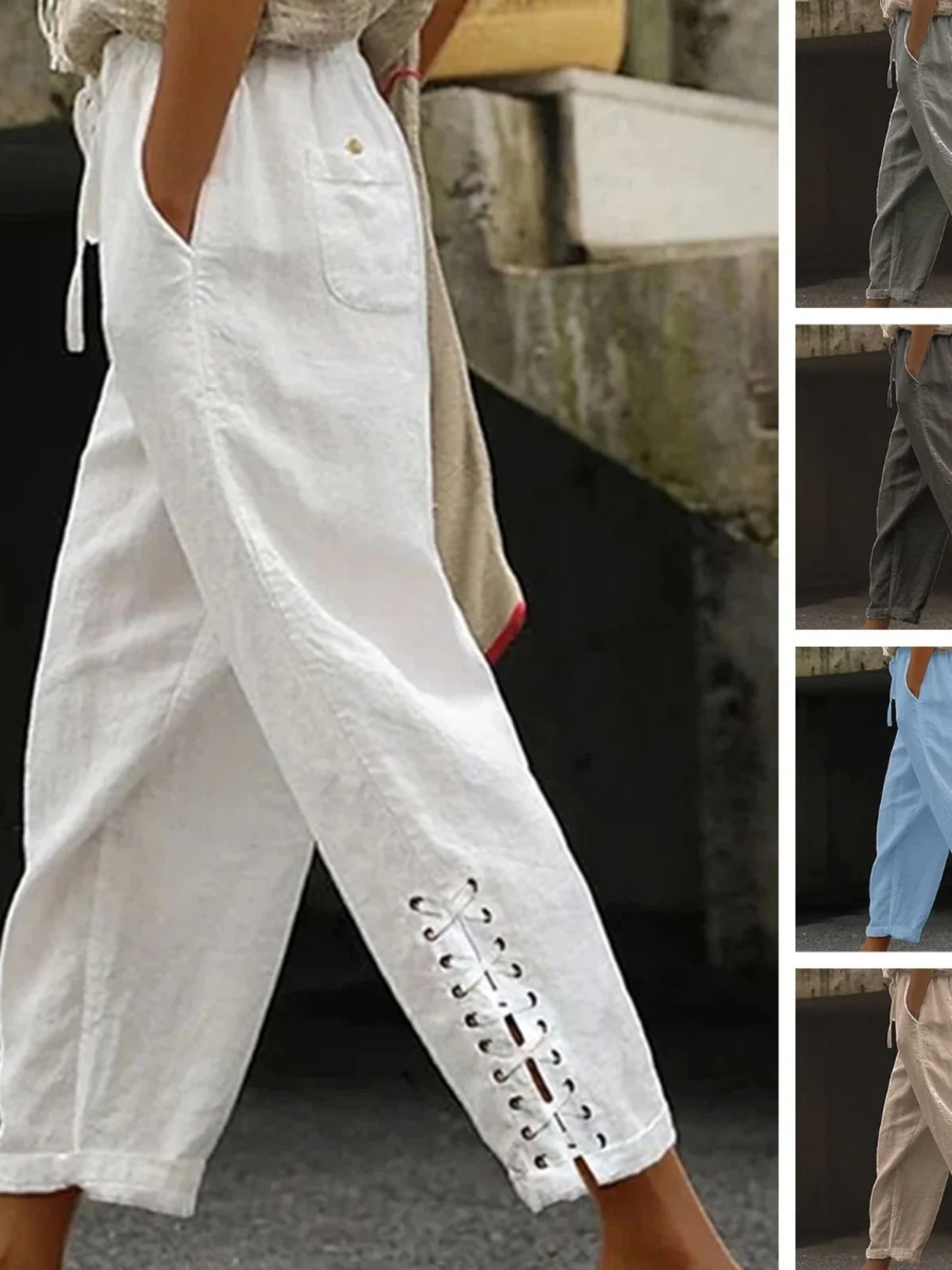 

Хлопковые и льняные девять брюк с боковой завязкой, повседневные брюки Street Sle l Талия Cosite Fabric, простой дизайн, весенняя коллекция