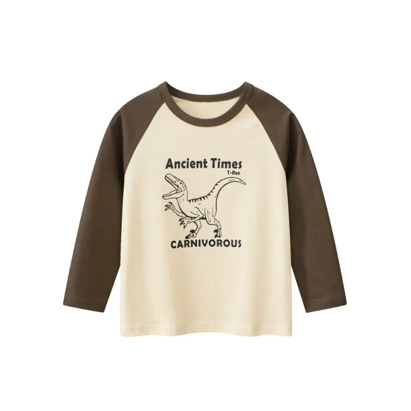 

2025 Spring Autumn New Boys Long-sleeved T-shirt Children Bottoming Shirt Cartoon Dinosaur Letter Splicing Kids Clothes Jumper