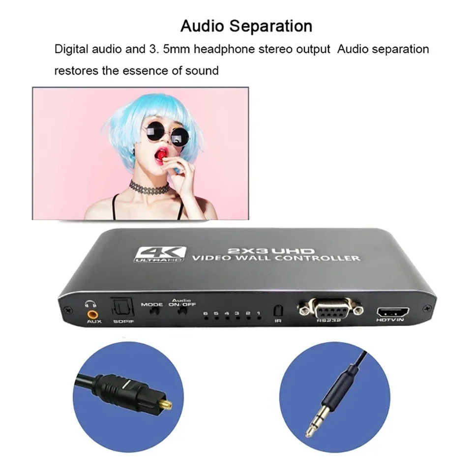 2x3 HDMI Video Wall Controller 1080P 60Hz HDMI TV Wall Processor with Audio Out Video Image Processor for 6 TVs Splicing Display