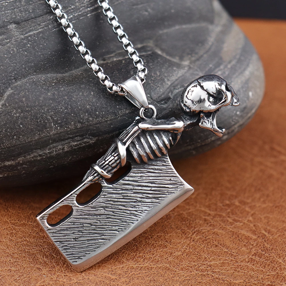 Creative Vintage Skull Knife Necklace Pendant for Men Stainless Steel Unique Skeleton Bottle Opener Gothic Jewelry Never Fading