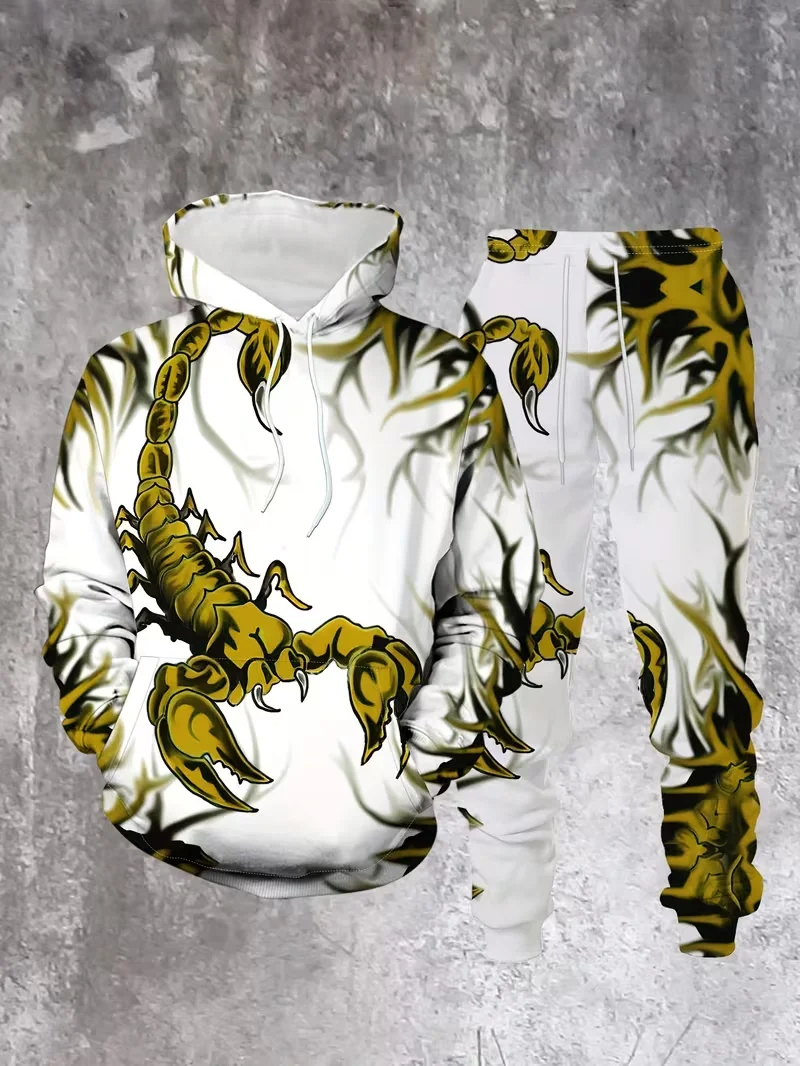 Men's Fashion 3D Scorpion Print Hoodies Sweatpants Set Casual Personality Hooded Sweatshirt Joggers Set Outdoor Tracksuit Outfit