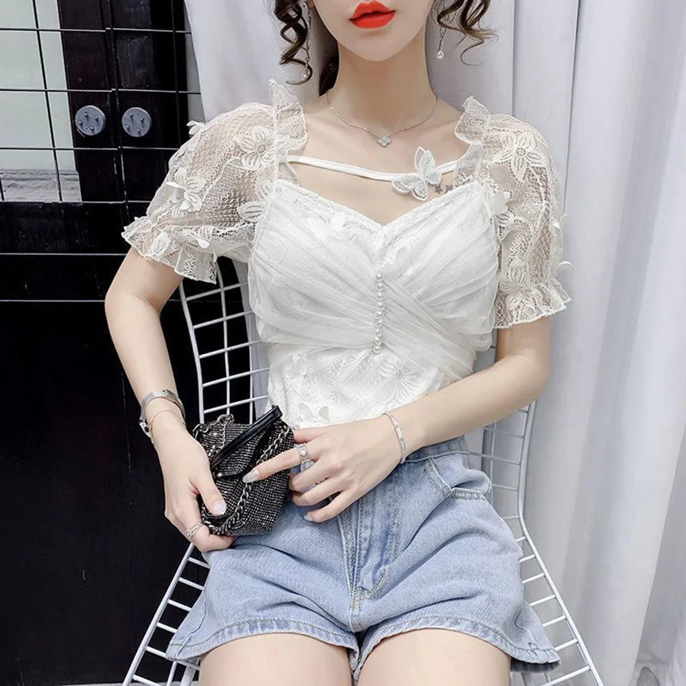 2022 Summer Puff Sleeve Off Shoulder Shirts Mesh Lace Bow Tops Sexy Sheer Buttoned Blouse For Women Blusa Mujer Blouses Ladies